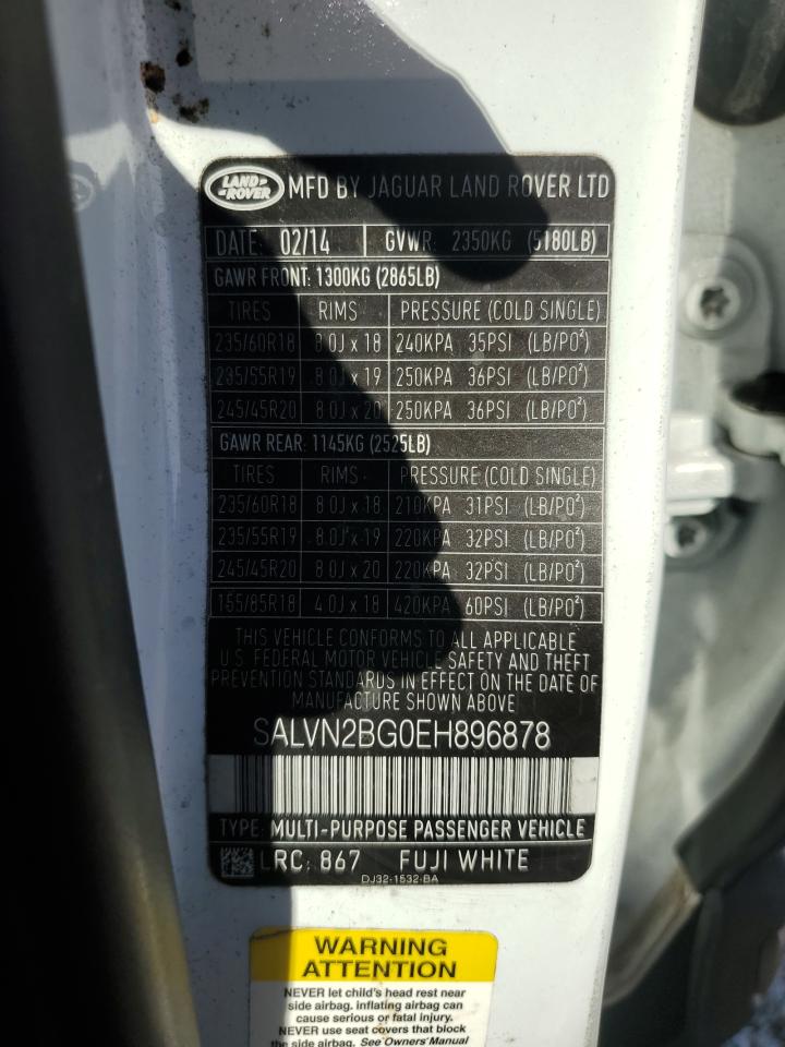 2014 Land Rover Range Rover Evoque Pure VIN: SALVN2BG0EH896878 Lot: 89616685