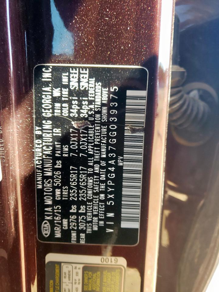 2016 Kia Sorento Lx VIN: 5XYPG4A37GG039375 Lot: 85896575