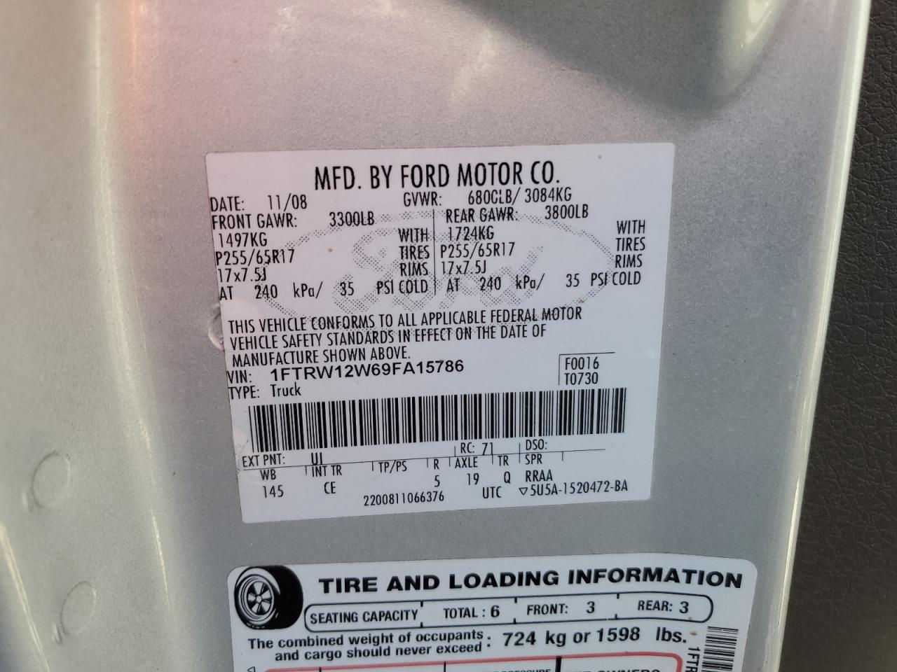 2009 Ford F150 Supercrew VIN: 1FTRW12W69FA15786 Lot: 89890585