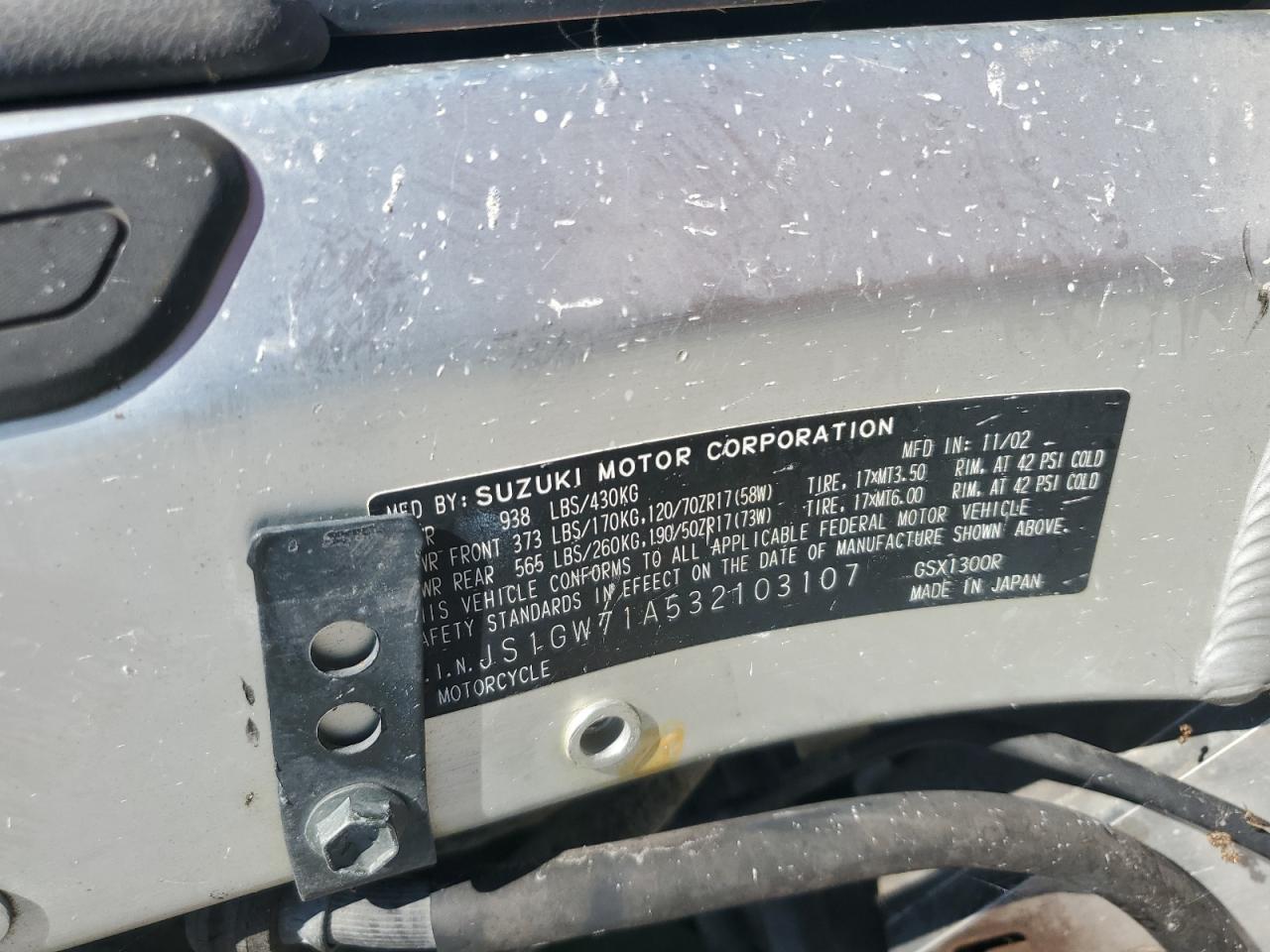 2003 Suzuki Gsx1300 R VIN: JS1GW71A532103107 Lot: 84924995