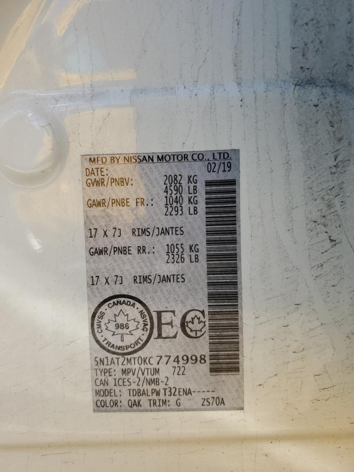 2019 Nissan Rogue S VIN: 5N1AT2MT0KC774998 Lot: 85258425