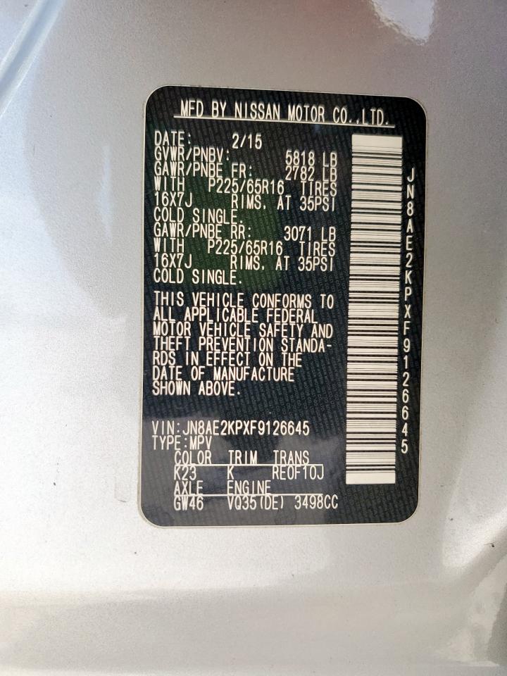 2015 Nissan Quest S VIN: JN8AE2KPXF9126645 Lot: 86626145