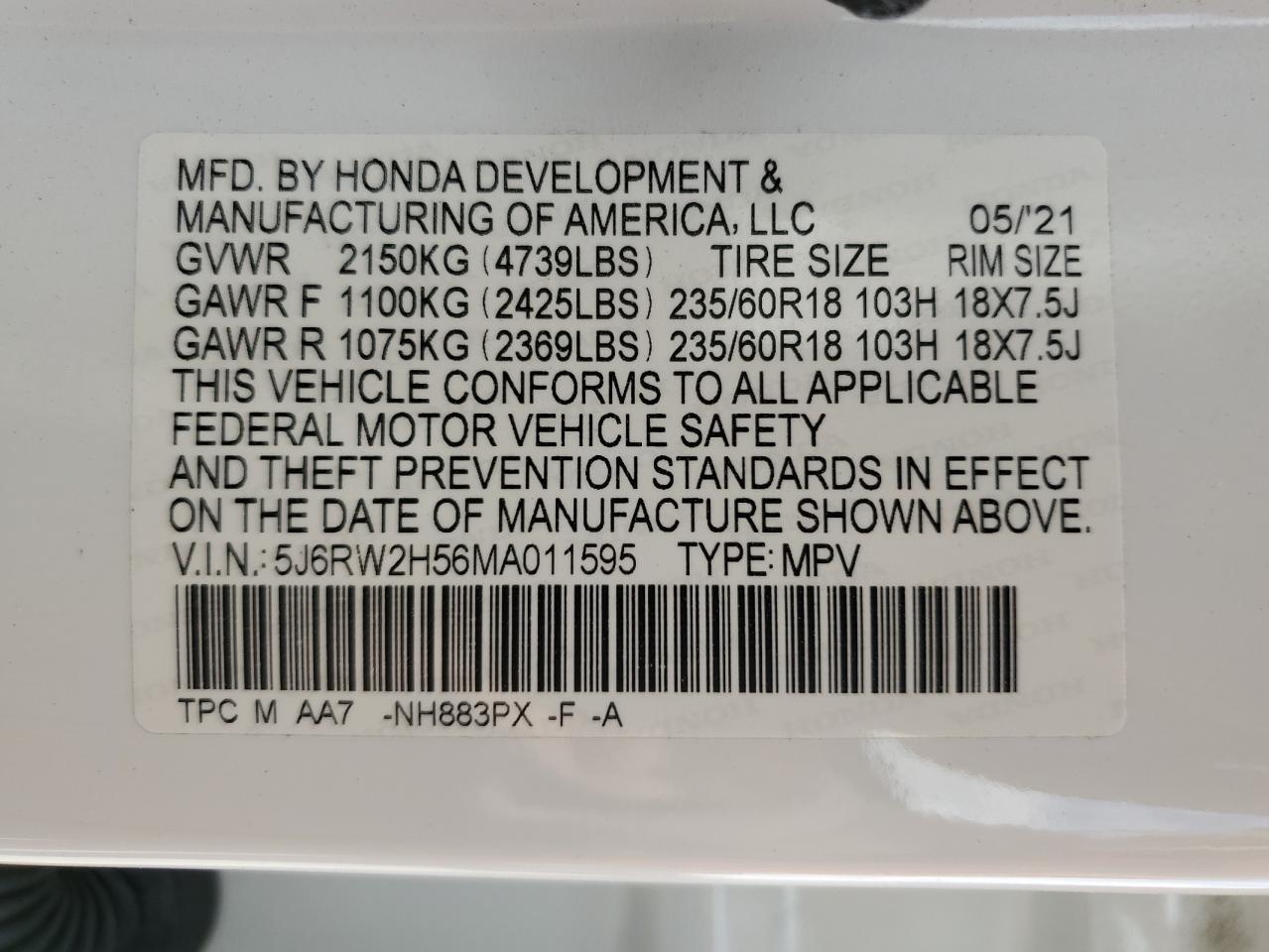 2021 Honda Cr-V Ex VIN: 5J6RW2H56MA011595 Lot: 81929575