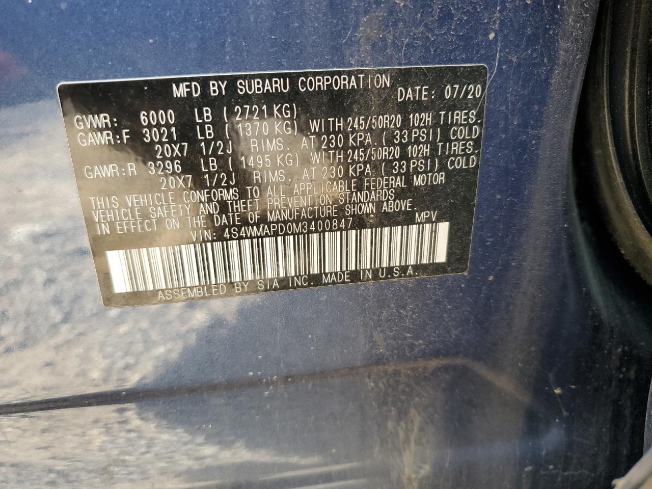 2021 Subaru Ascent Limited VIN: 4S4WMAPD0M3400847 Lot: 85103905