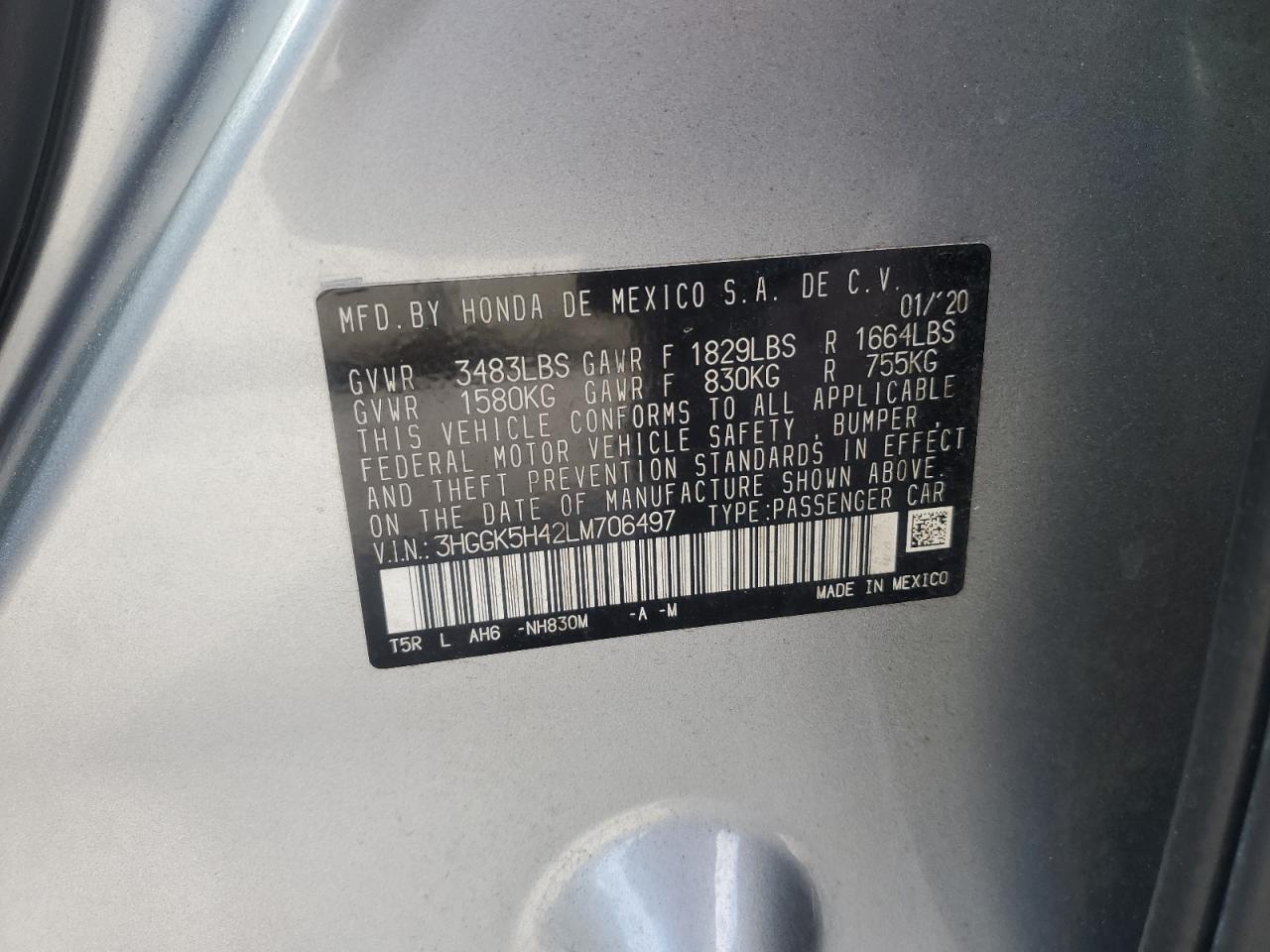 2020 Honda Fit Lx VIN: 3HGGK5H42LM706497 Lot: 85522725