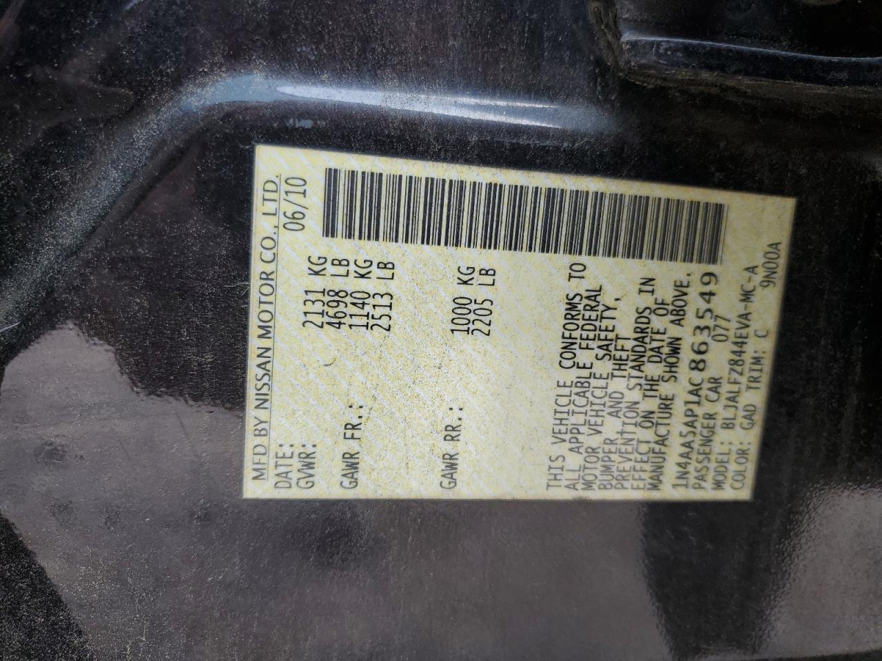 2010 Nissan Maxima S VIN: 1N4AA5AP1AC863549 Lot: 82363605