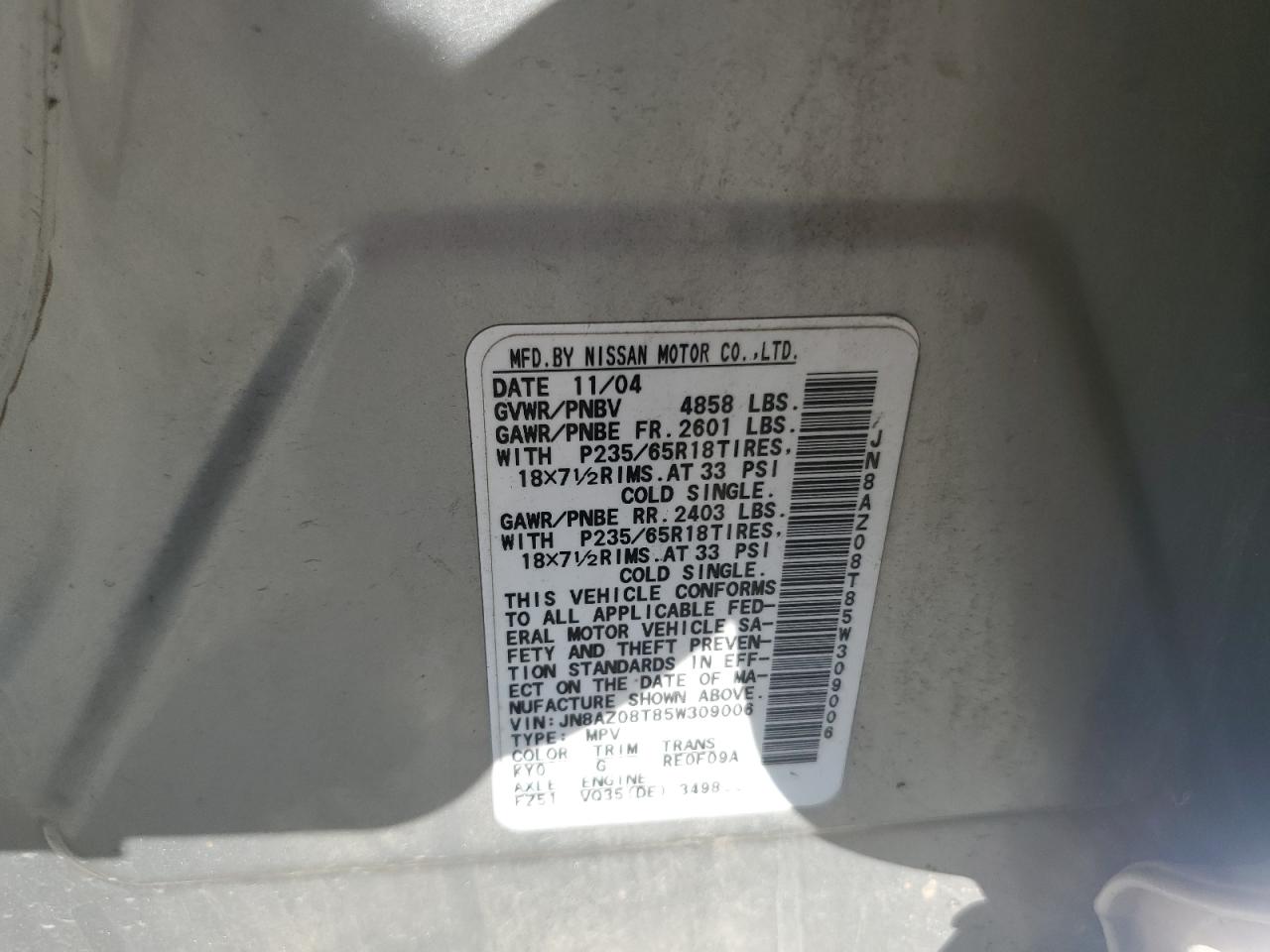 2005 Nissan Murano Sl VIN: JN8AZ08T85W309006 Lot: 86606545
