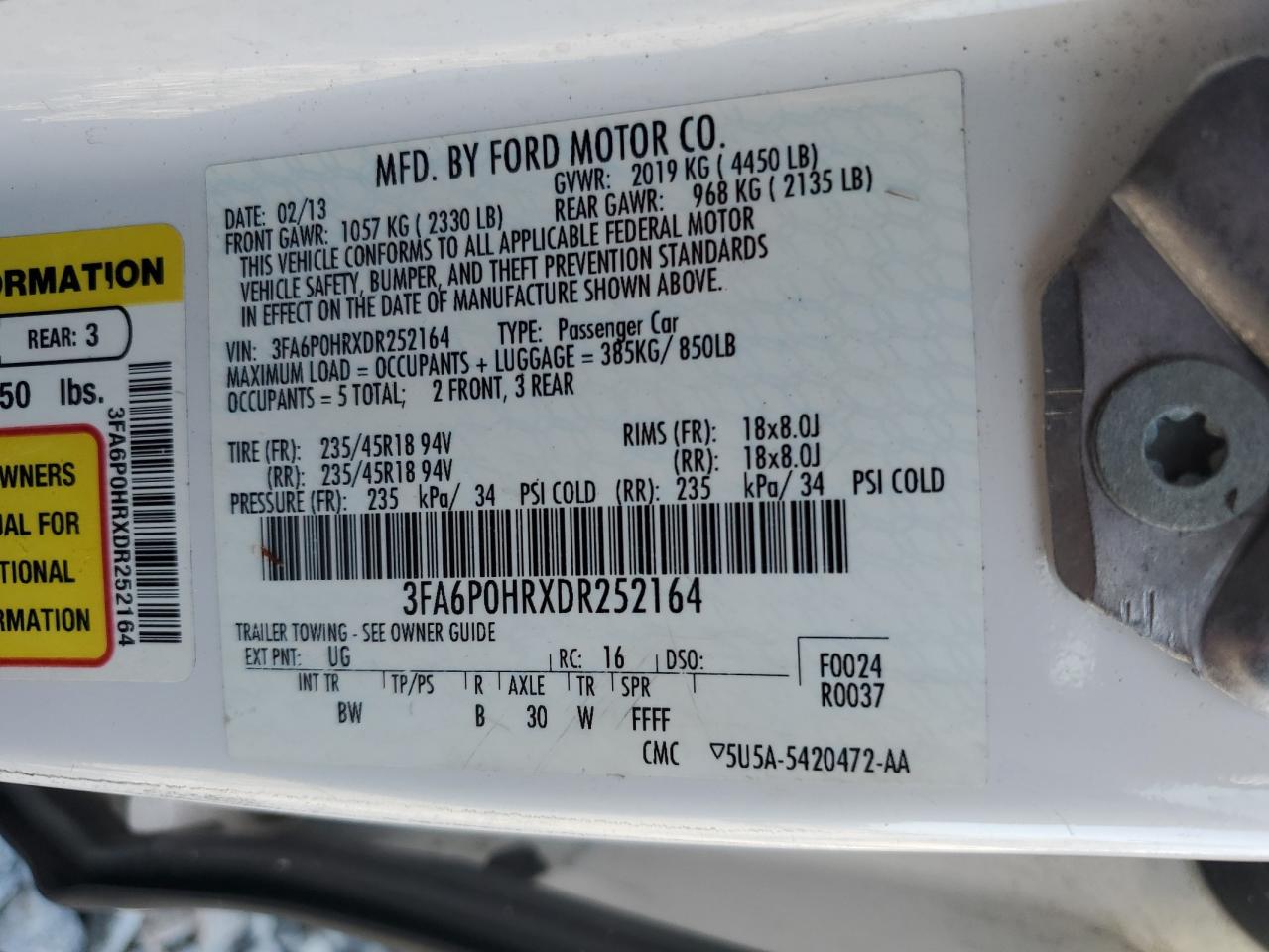 2013 Ford Fusion Se VIN: 3FA6P0HRXDR252164 Lot: 85839275