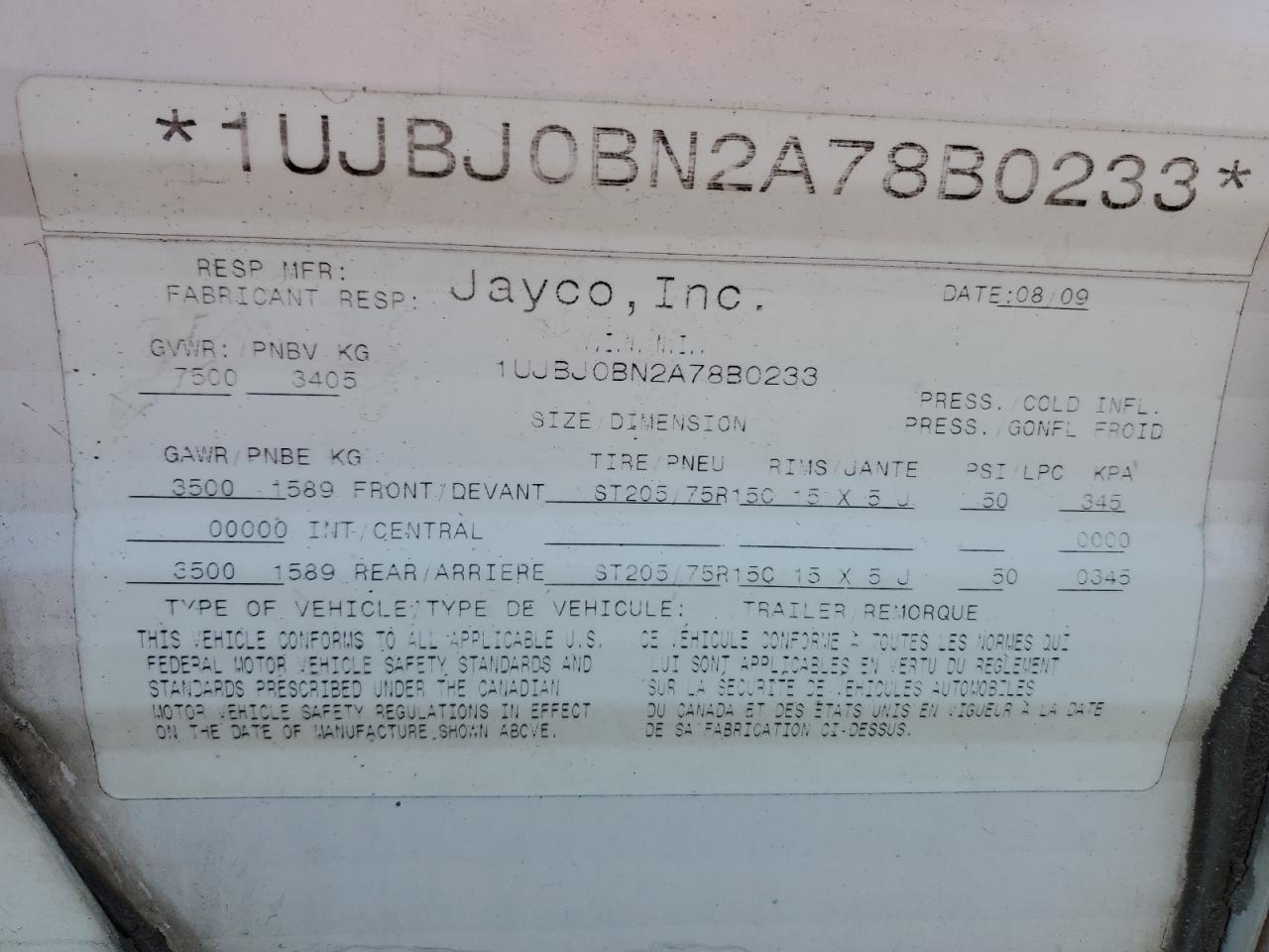 2010 Jyca 264Bh VIN: 1UJBJ0BN2A78B0233 Lot: 86292615