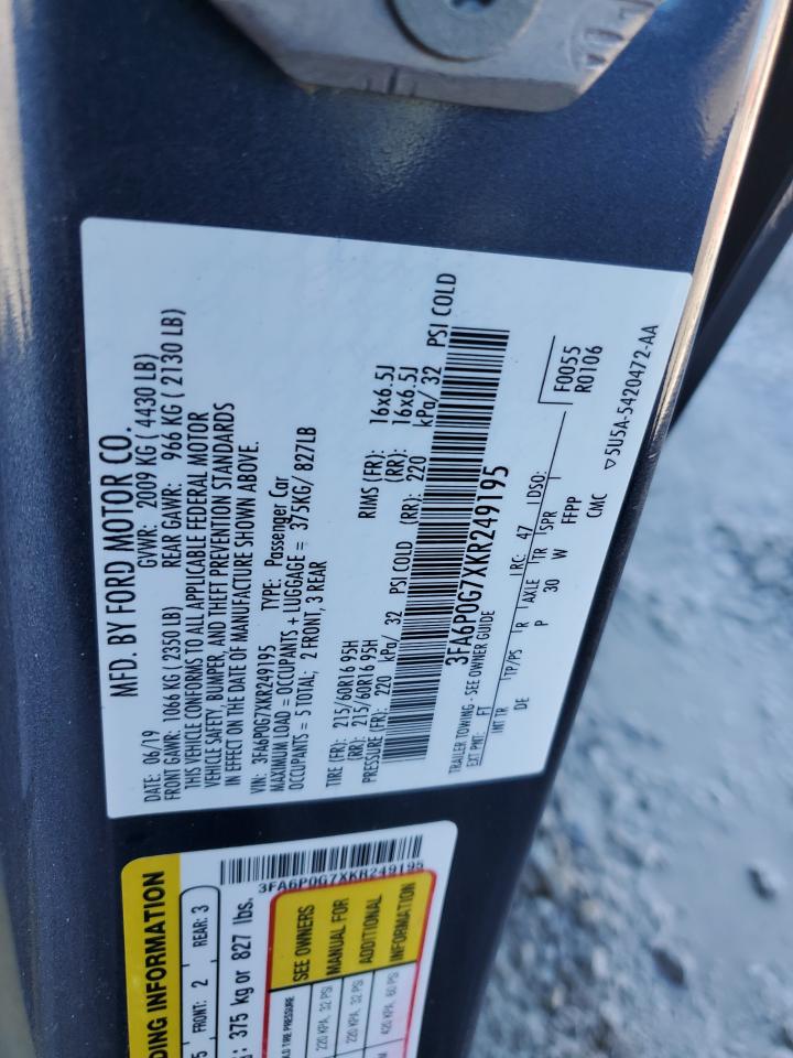 2019 Ford Fusion S VIN: 3FA6P0G7XKR249195 Lot: 87192365