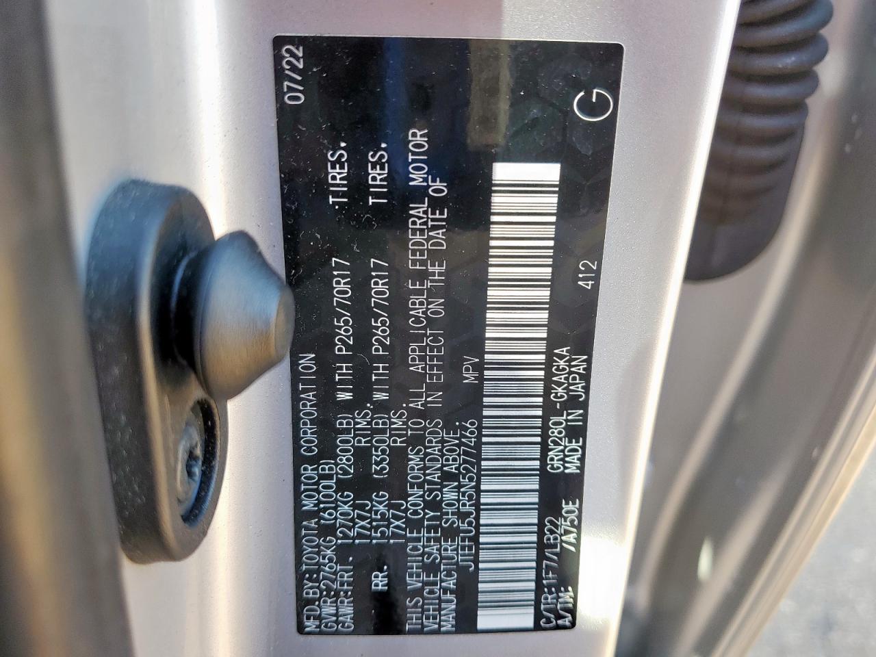 2022 Toyota 4Runner Sr5 VIN: JTEFU5JR5N5277466 Lot: 85115385