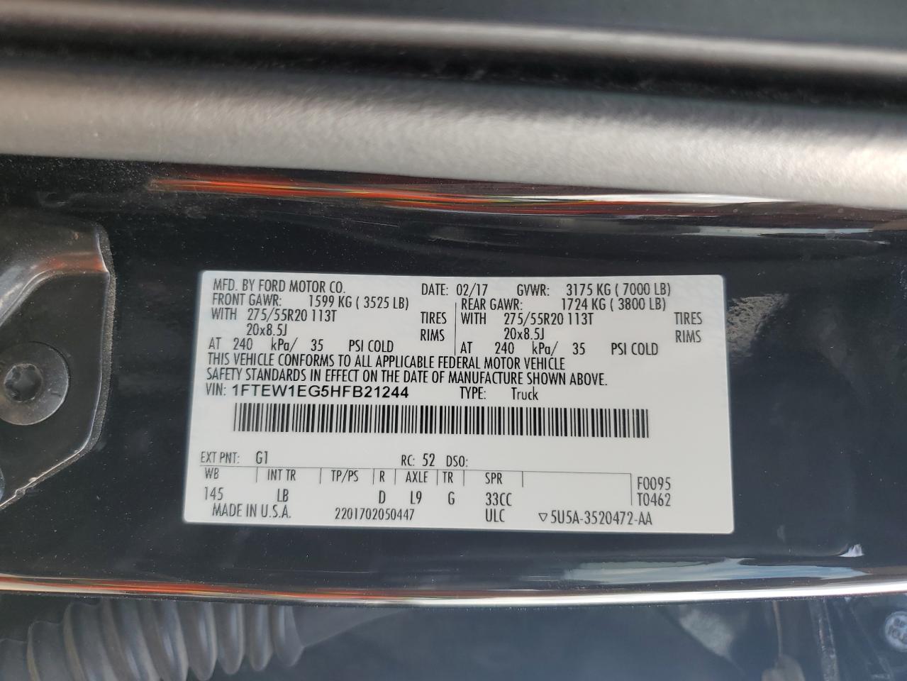 2017 Ford F150 Supercrew VIN: 1FTEW1EG5HFB21244 Lot: 86867045