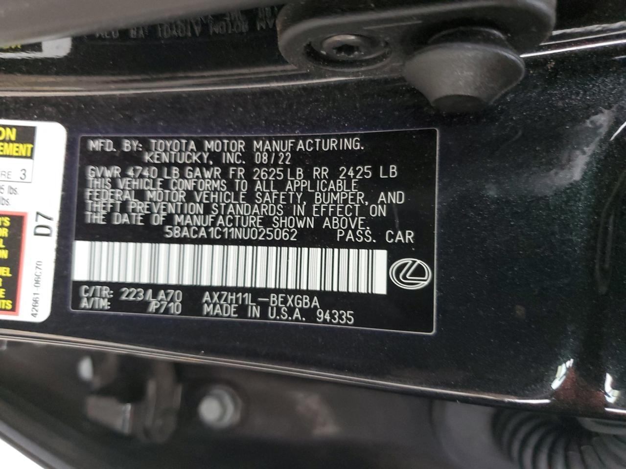 2022 Lexus Es 300H Base VIN: 58ACA1C11NU025062 Lot: 84909435