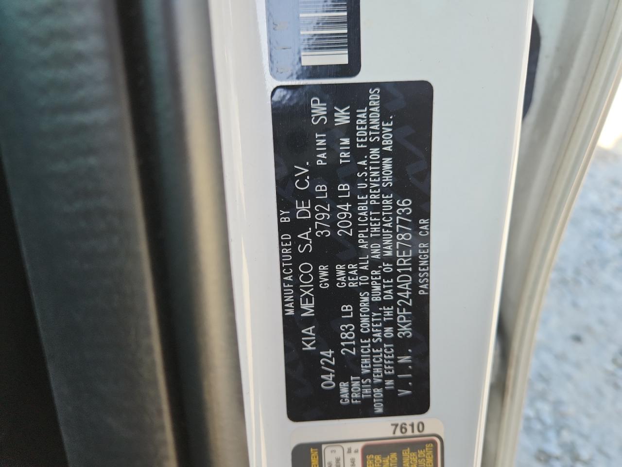 2024 Kia Forte Lx VIN: 3KPF24AD1RE787736 Lot: 84891965