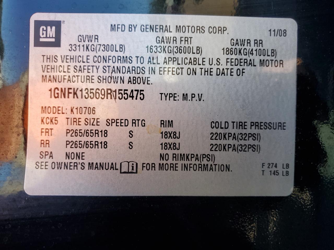 2009 Chevrolet Tahoe Hybrid VIN: 1GNFK13569R155475 Lot: 84435675