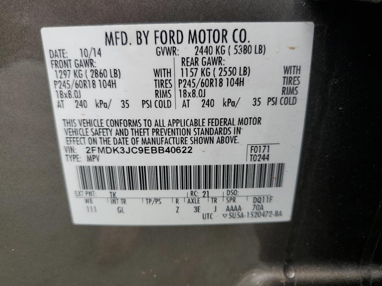 2014 Ford Edge Sel VIN: 2FMDK3JC9EBB40622 Lot: 85105855