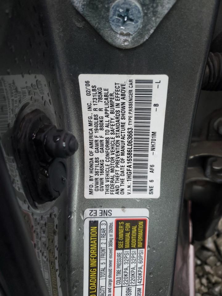 2006 Honda Civic Lx VIN: 1HGFA16586L063663 Lot: 86425685