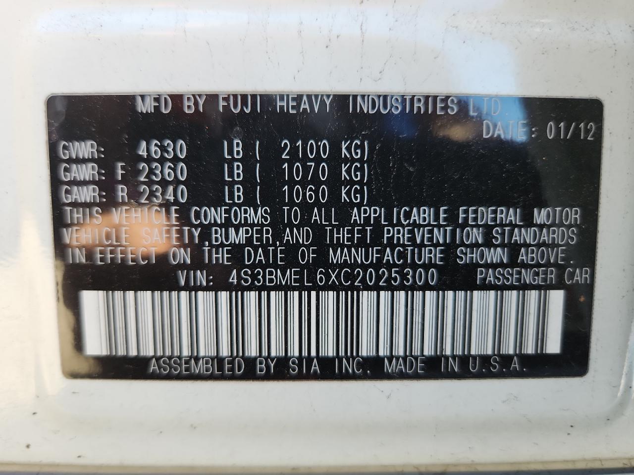 2012 Subaru Legacy 3.6R Limited VIN: 4S3BMEL6XC2025300 Lot: 85102085