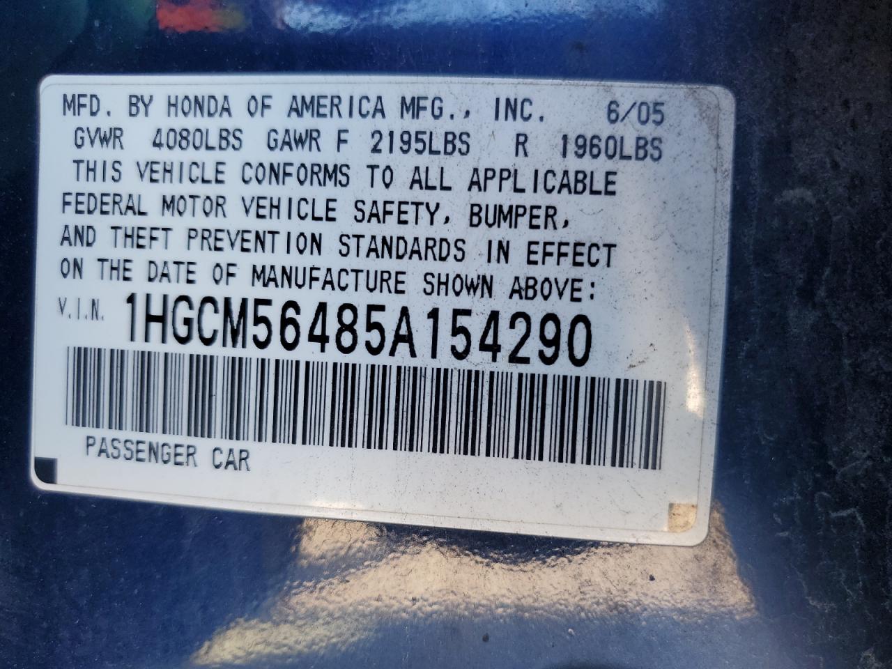 2005 Honda Accord Lx VIN: 1HGCM56485A154290 Lot: 85384475