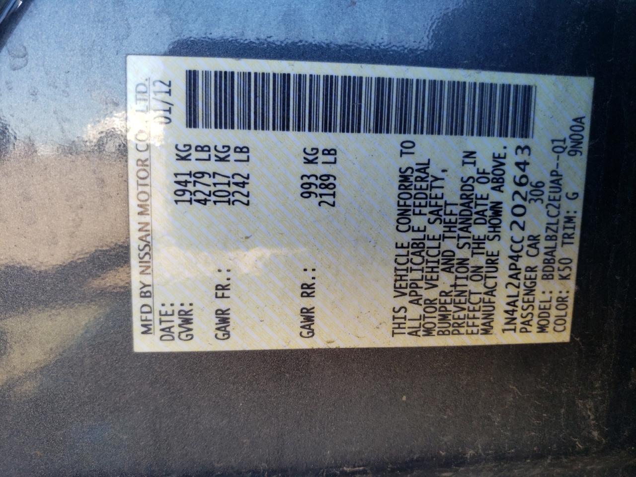 2012 Nissan Altima Base VIN: 1N4AL2AP4CC202643 Lot: 82603545