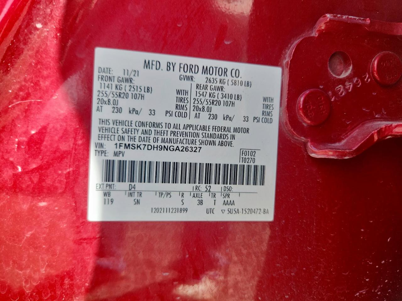 2022 Ford Explorer Xlt VIN: 1FMSK7DH9NGA26327 Lot: 85506605