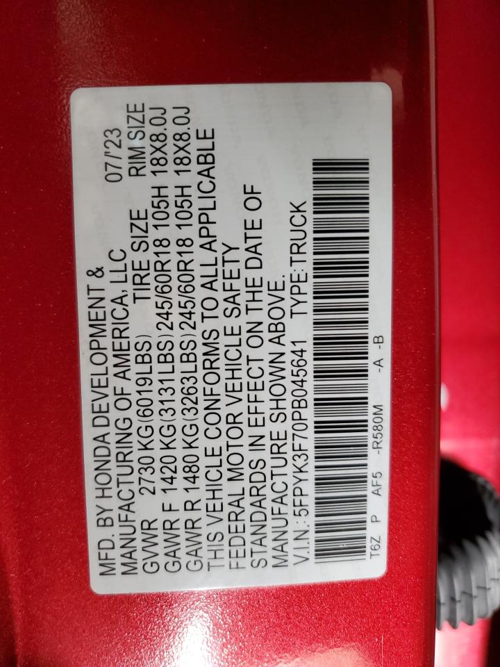 2023 Honda Ridgeline Rtl-E VIN: 5FPYK3F70PB045641 Lot: 86809045
