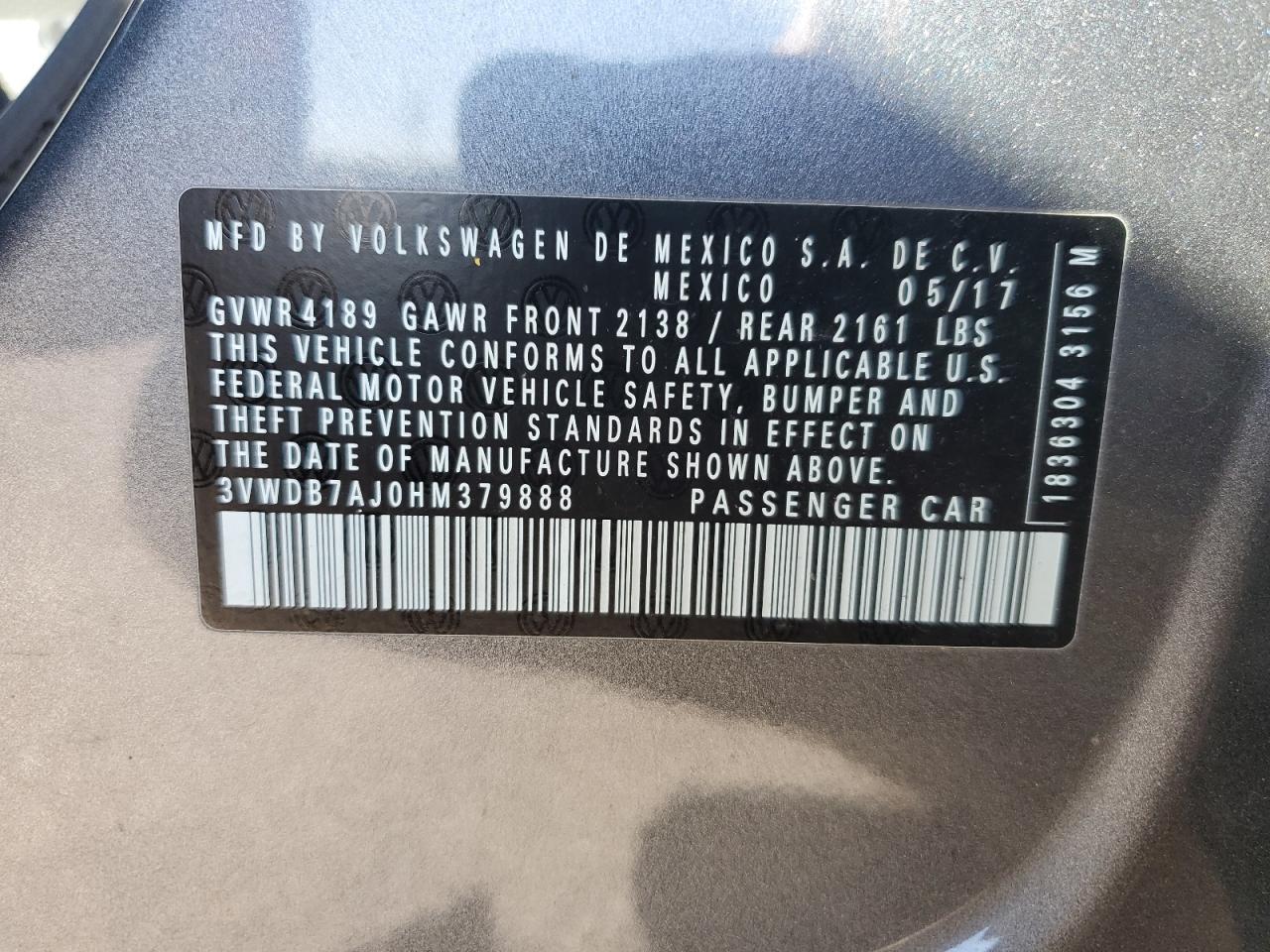 2017 Volkswagen Jetta Se VIN: 3VWDB7AJ0HM379888 Lot: 82328635