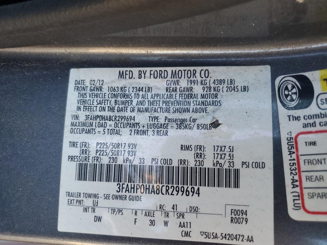2012 Ford Fusion Se VIN: 3FAHP0HA8CR299694 Lot: 86335405