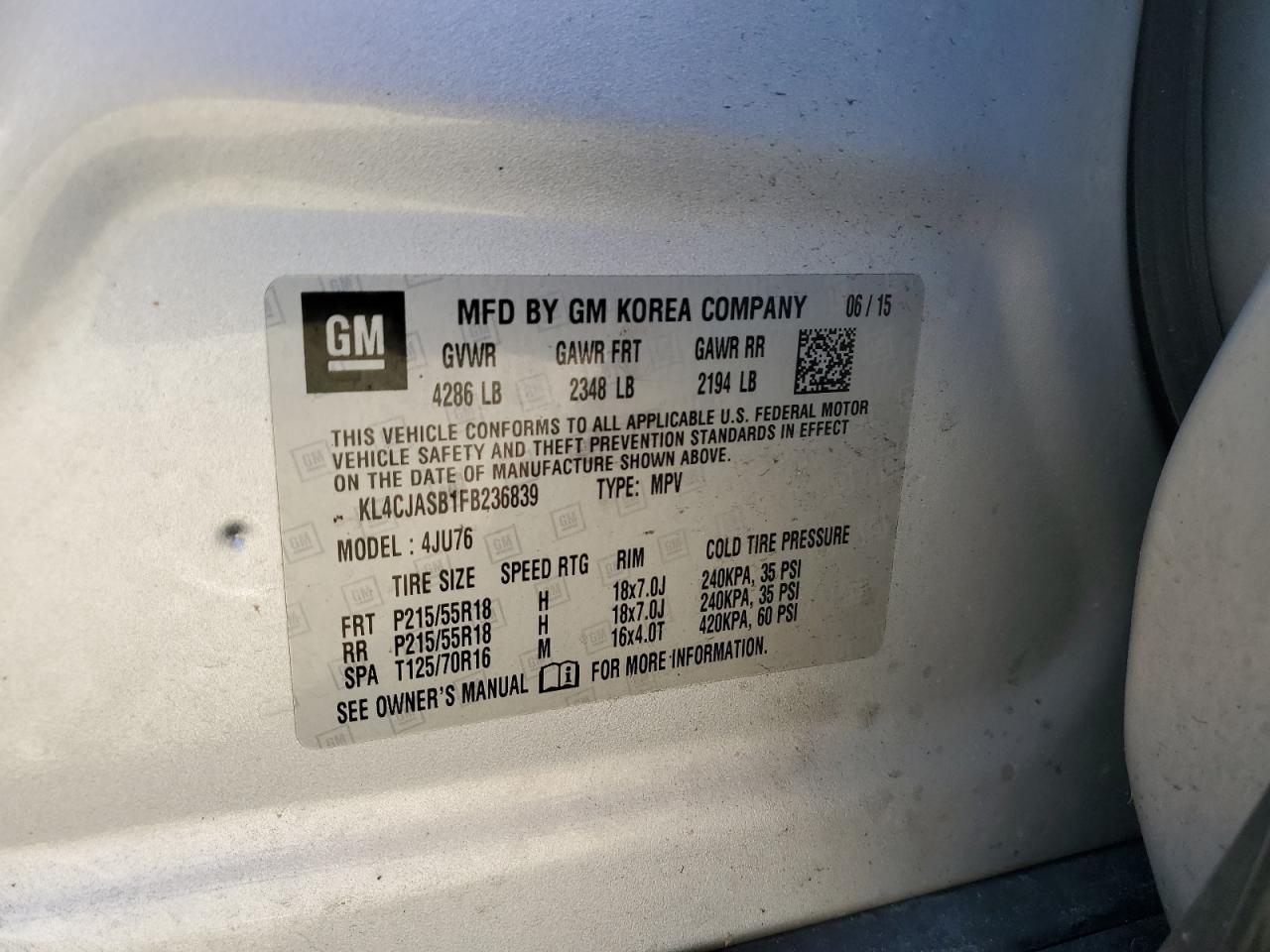 2015 Buick Encore VIN: KL4CJASB1FB236839 Lot: 82429945