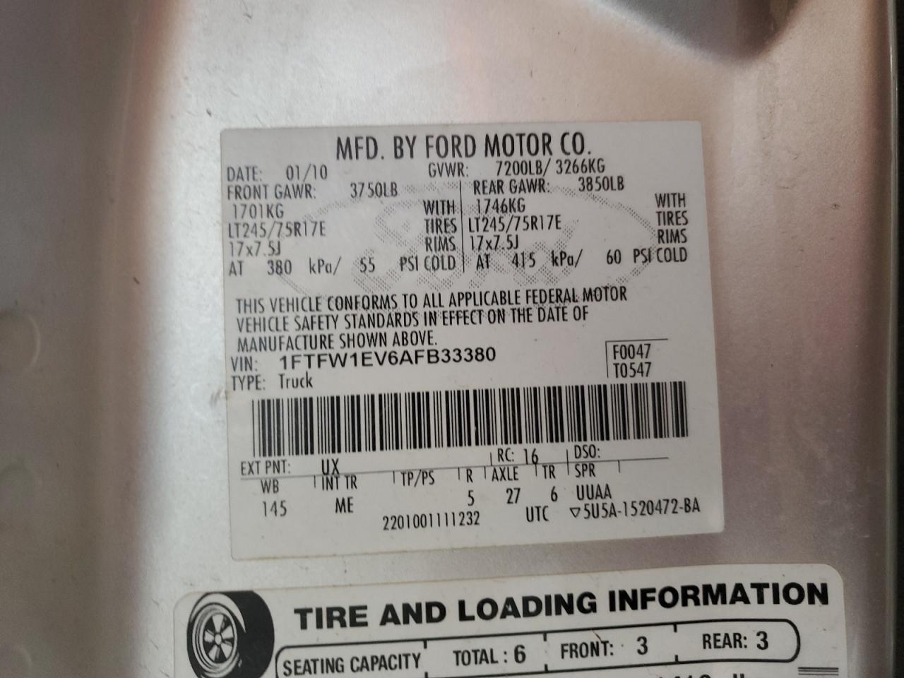 2010 Ford F150 Supercrew VIN: 1FTFW1EV6AFB33380 Lot: 82232005