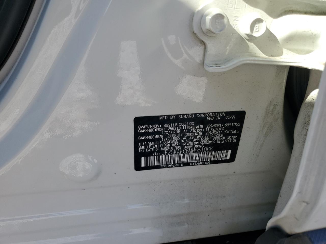 2021 Subaru Forester Premium VIN: JF2SKAFC6MH551066 Lot: 85565045