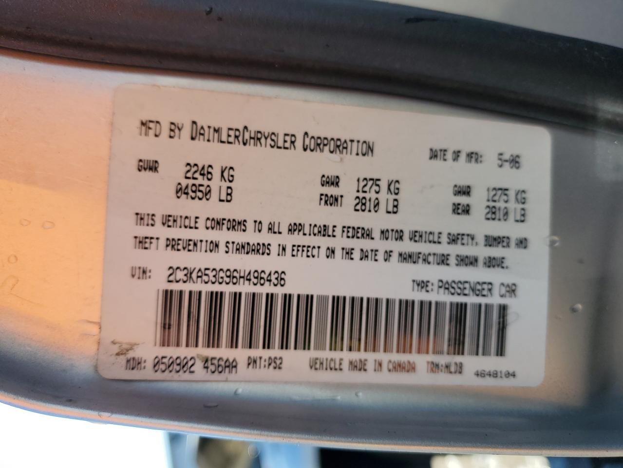 2006 Chrysler 300 Touring VIN: 2C3KA53G96H496436 Lot: 90081995