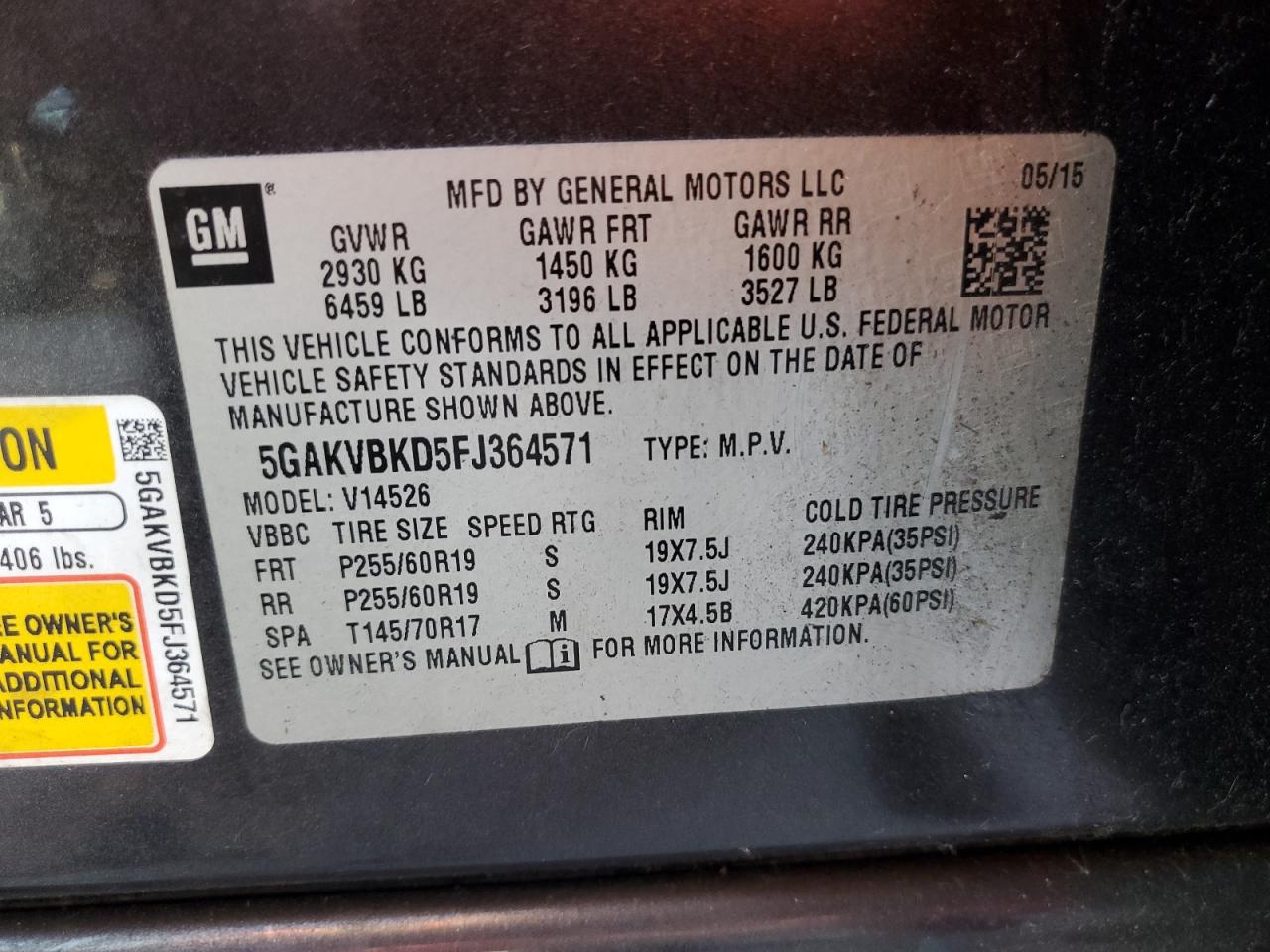 2015 Buick Enclave VIN: 5GAKVBKD5FJ364571 Lot: 86130425
