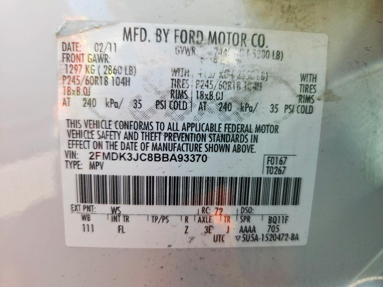 2011 Ford Edge Sel VIN: 2FMDK3JC8BBA93370 Lot: 86667505