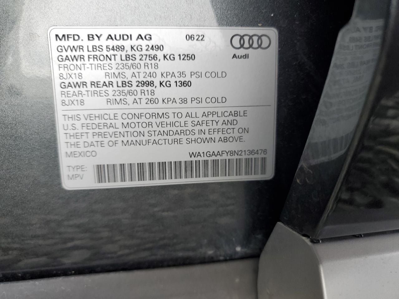 2022 Audi Q5 Premium 45 VIN: WA1GAAFY8N2136476 Lot: 82416615