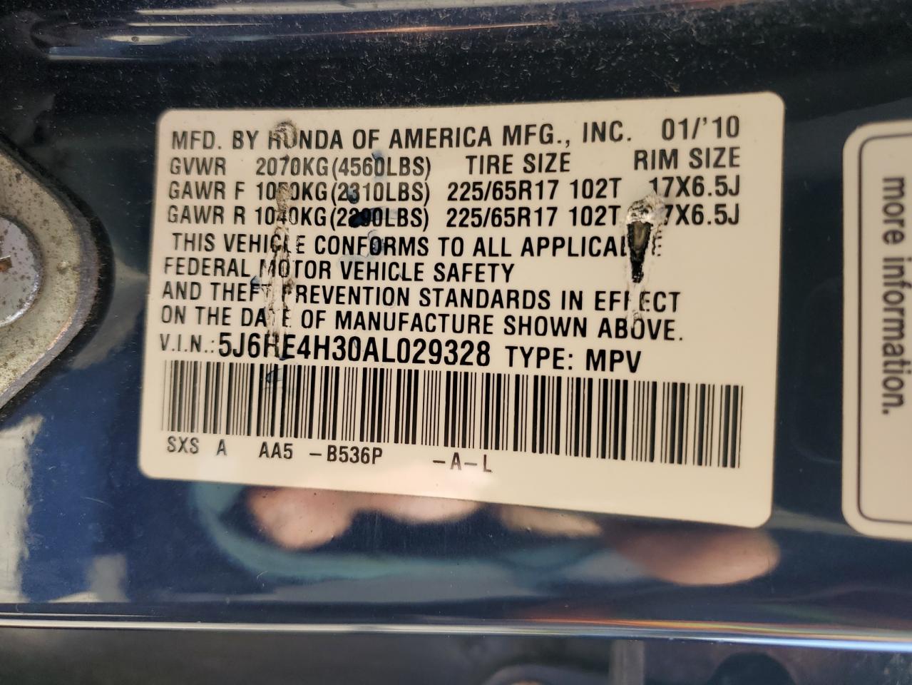 2010 Honda Cr-V Lx VIN: 5J6RE4H30AL029328 Lot: 90438985