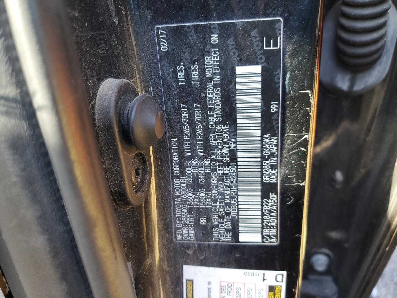 2017 Toyota 4Runner Sr5/Sr5 Premium VIN: JTEBU5JR1H5424501 Lot: 85601415