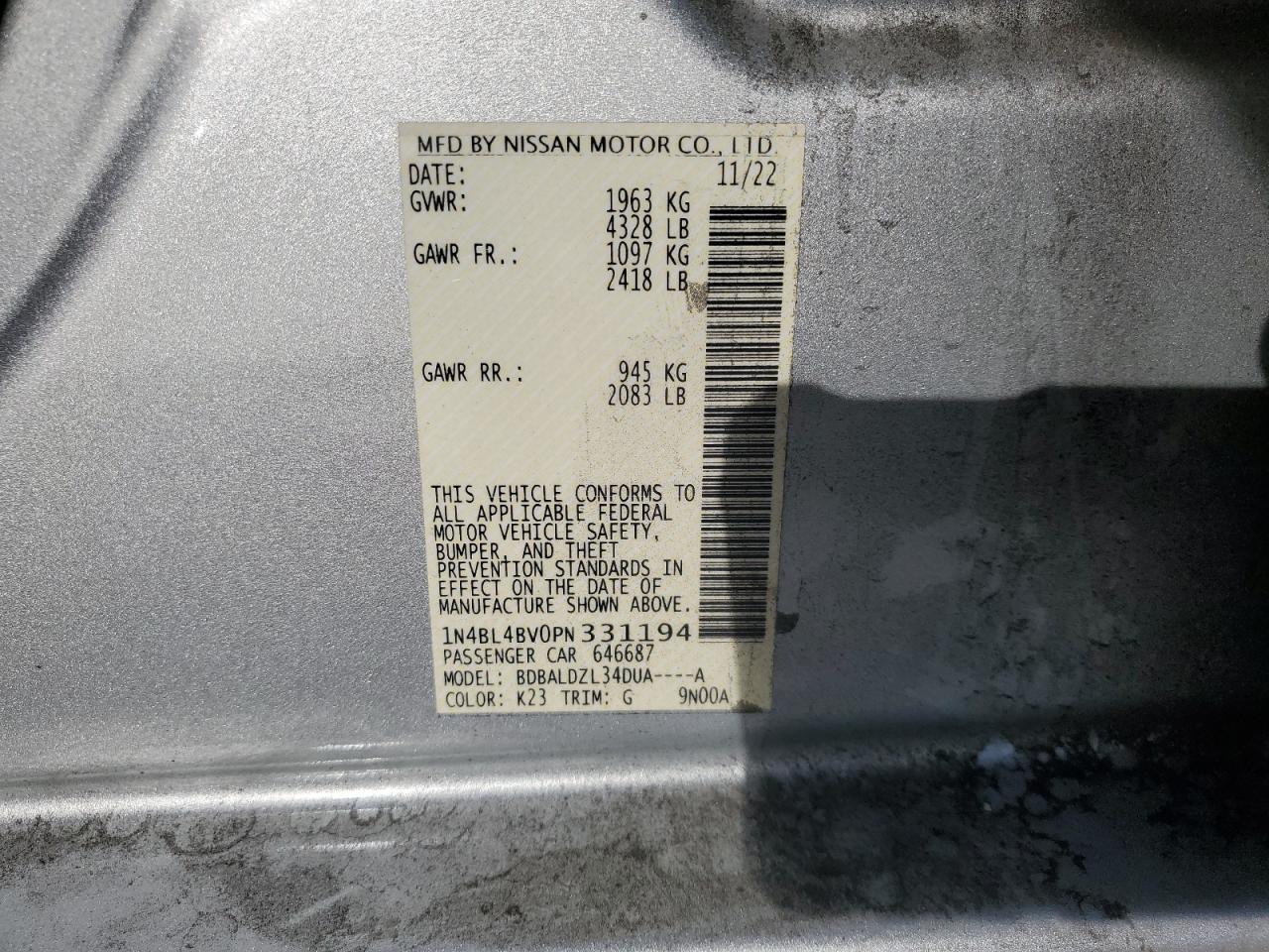 2023 Nissan Altima S VIN: 1N4BL4BV0PN331194 Lot: 82394775