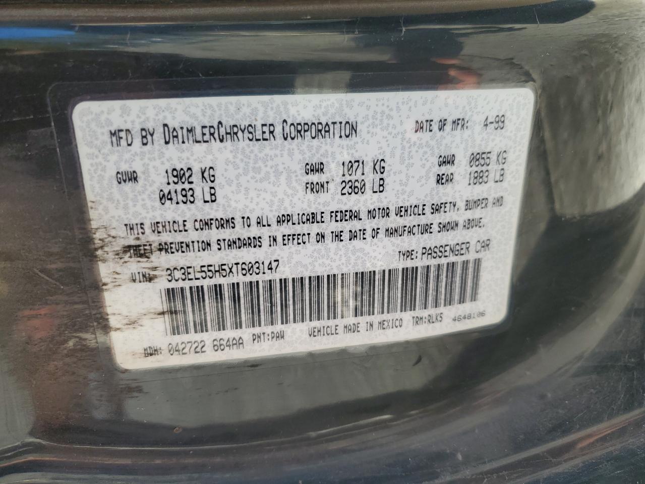 1999 Chrysler Sebring Jxi VIN: 3C3EL55H5XT603147 Lot: 82249005