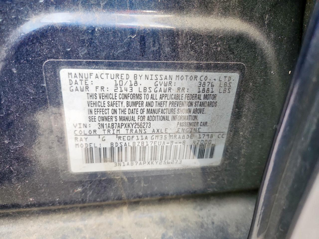 2019 Nissan Sentra S VIN: 3N1AB7APXKY256273 Lot: 85817565