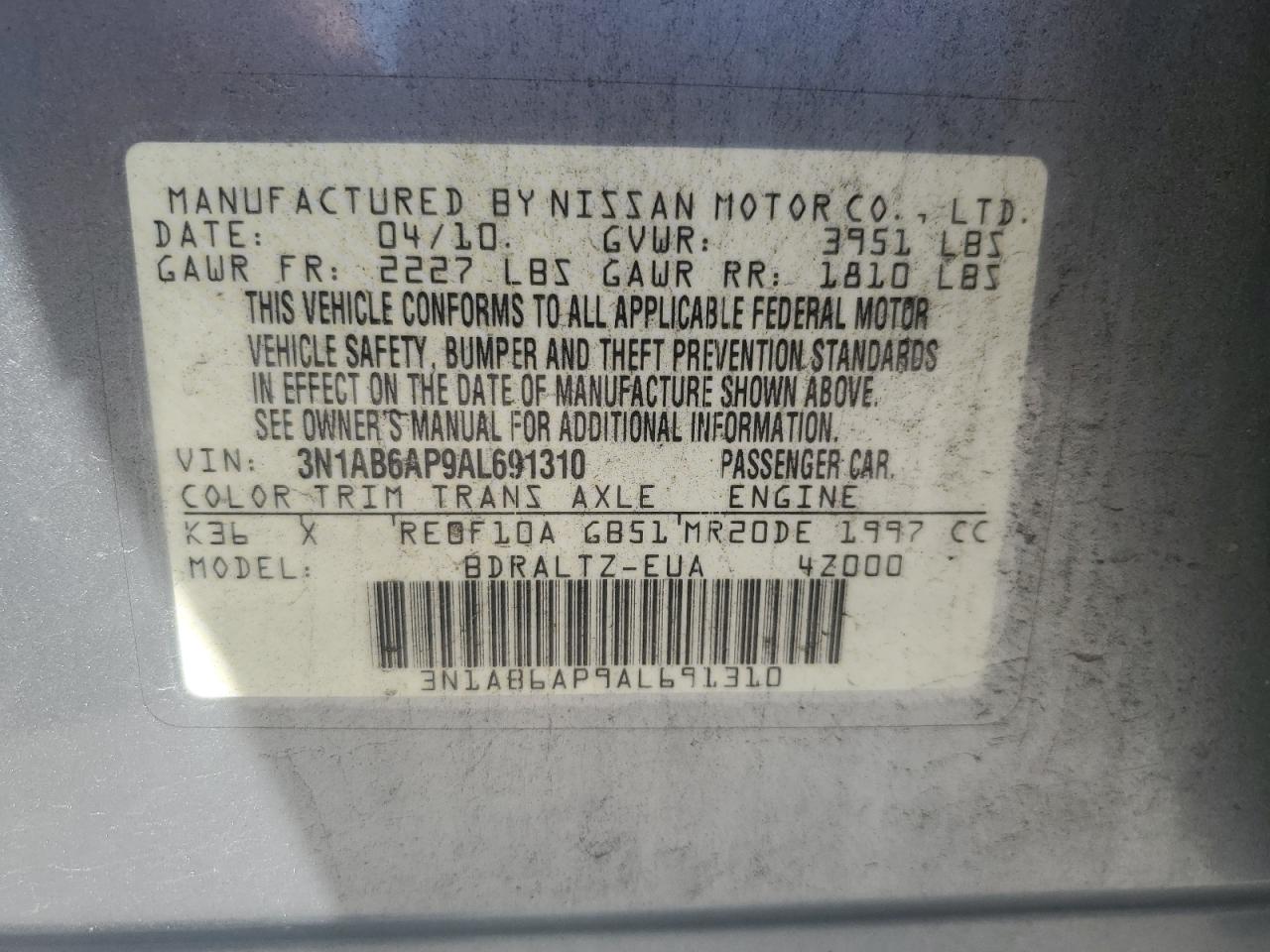 2010 Nissan Sentra 2.0 VIN: 3N1AB6AP9AL691310 Lot: 84949925