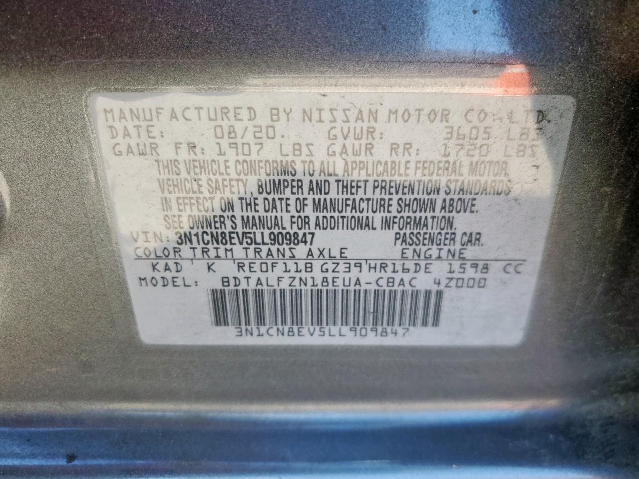 2020 Nissan Versa Sv VIN: 3N1CN8EV5LL909847 Lot: 81201025