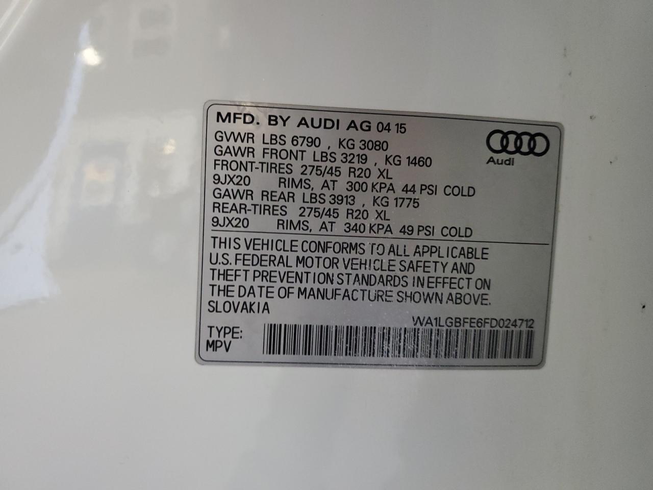 2015 Audi Q7 Premium Plus VIN: WA1LGBFE6FD024712 Lot: 84983775