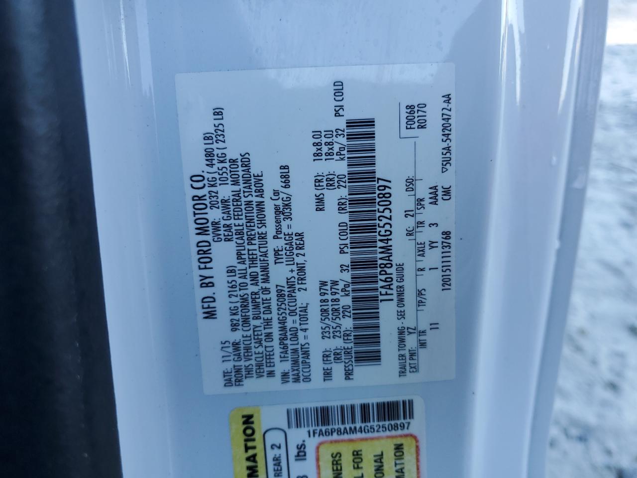 2016 Ford Mustang VIN: 1FA6P8AM4G5250897 Lot: 82430305