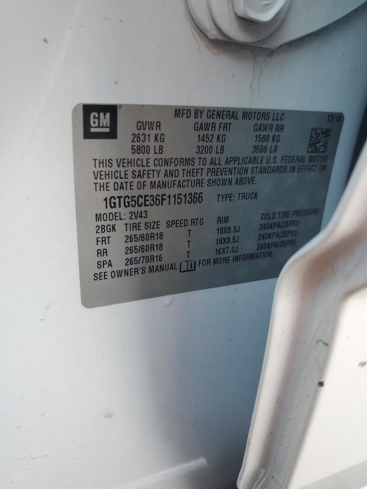 2015 GMC Canyon Slt VIN: 1GTG5CE36F1151366 Lot: 85426835