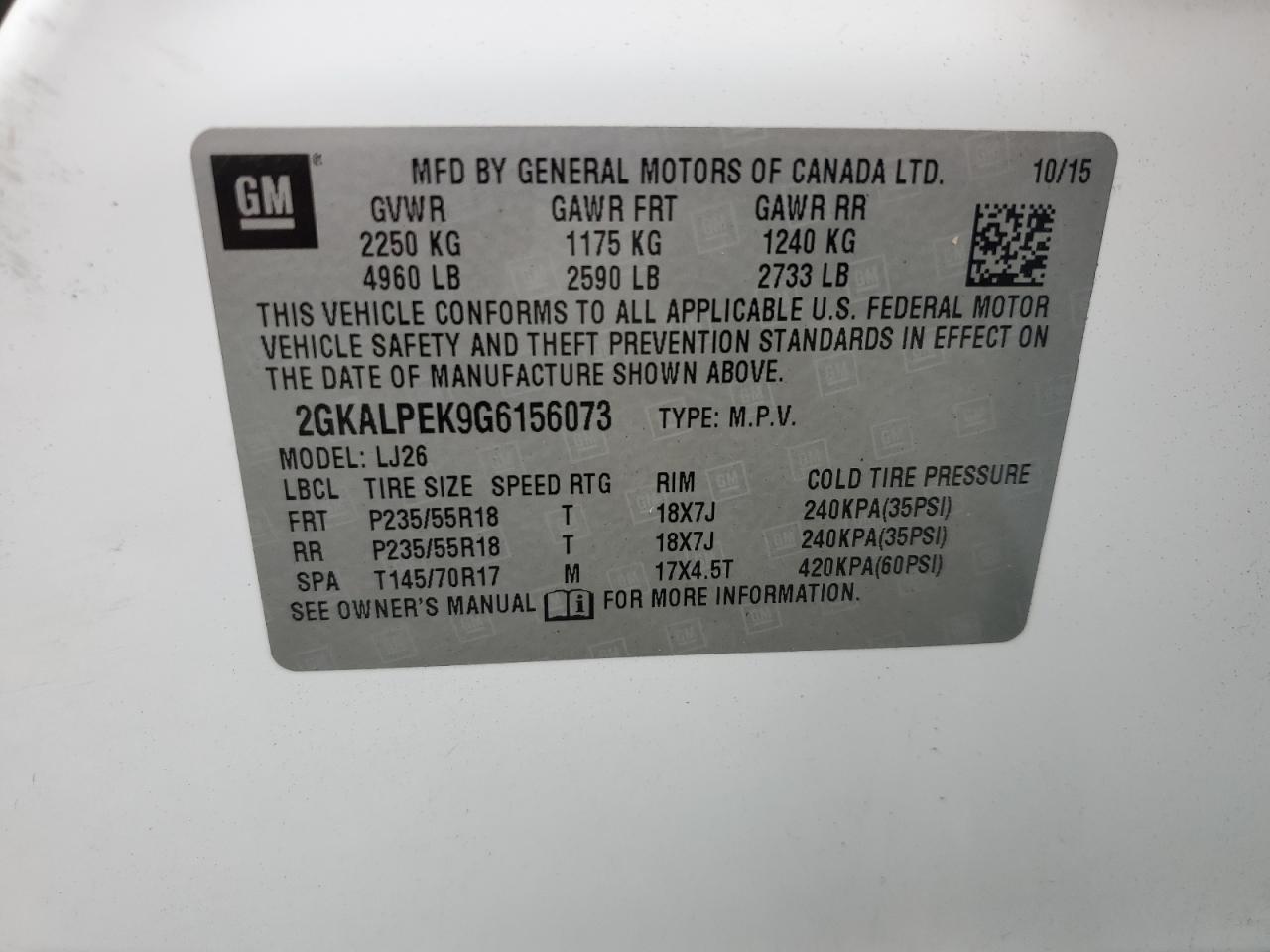 2016 GMC Terrain Slt VIN: 2GKALPEK9G6156073 Lot: 81895295