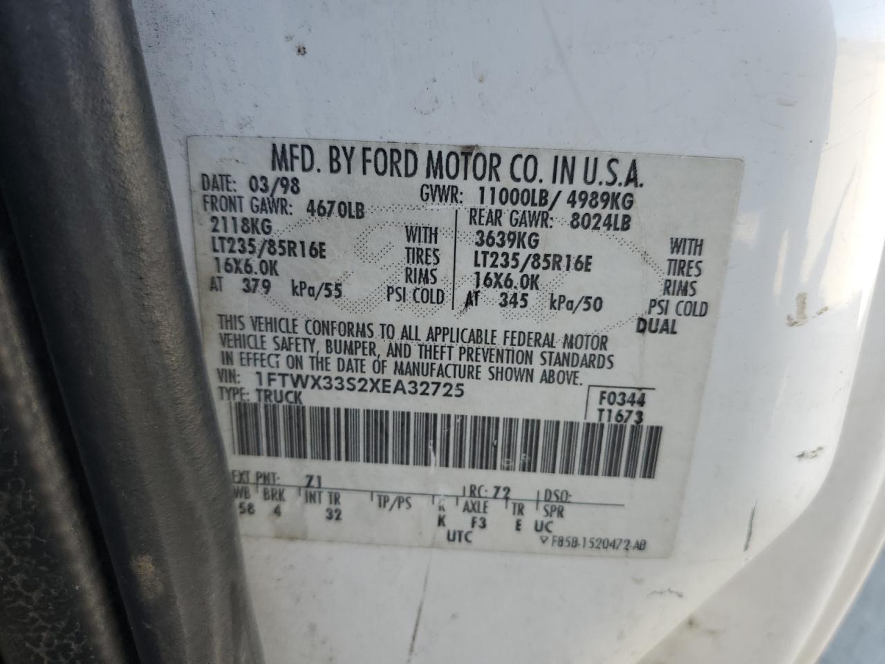 1999 Ford F350 Super Duty VIN: 1FTWX33S2XEA32725 Lot: 82217385