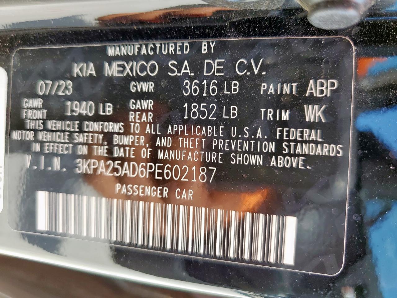 2023 Kia Rio S VIN: 3KPA25AD6PE602187 Lot: 84623435