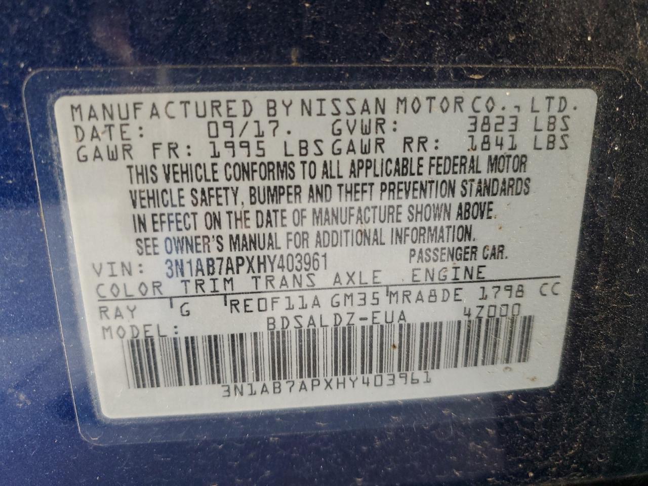 2017 Nissan Sentra S VIN: 3N1AB7APXHY403961 Lot: 81996835