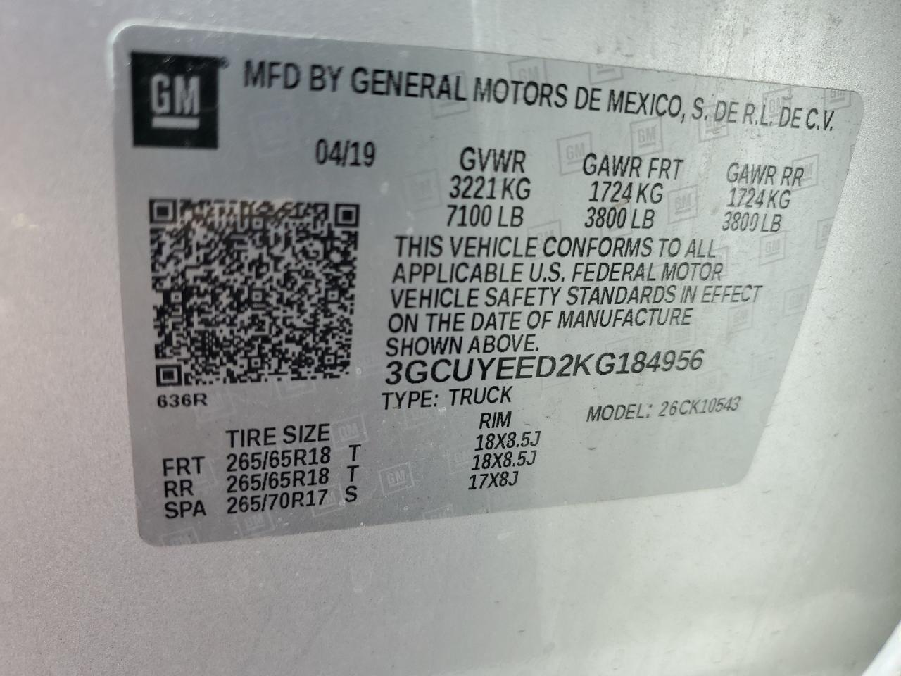 2019 Chevrolet Silverado K1500 Rst VIN: 3GCUYEED2KG184956 Lot: 81410605